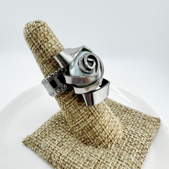 Vintage Swirl Fork Ring Iridescent Stone Handmade Unique Artisan Statement - Picture 5 of 11